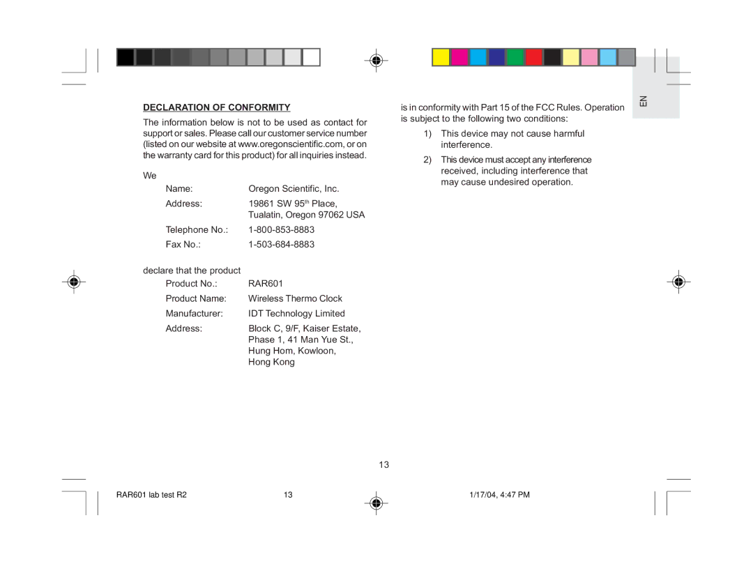 Oregon Scientific RAR601 user manual Declaration of Conformity 