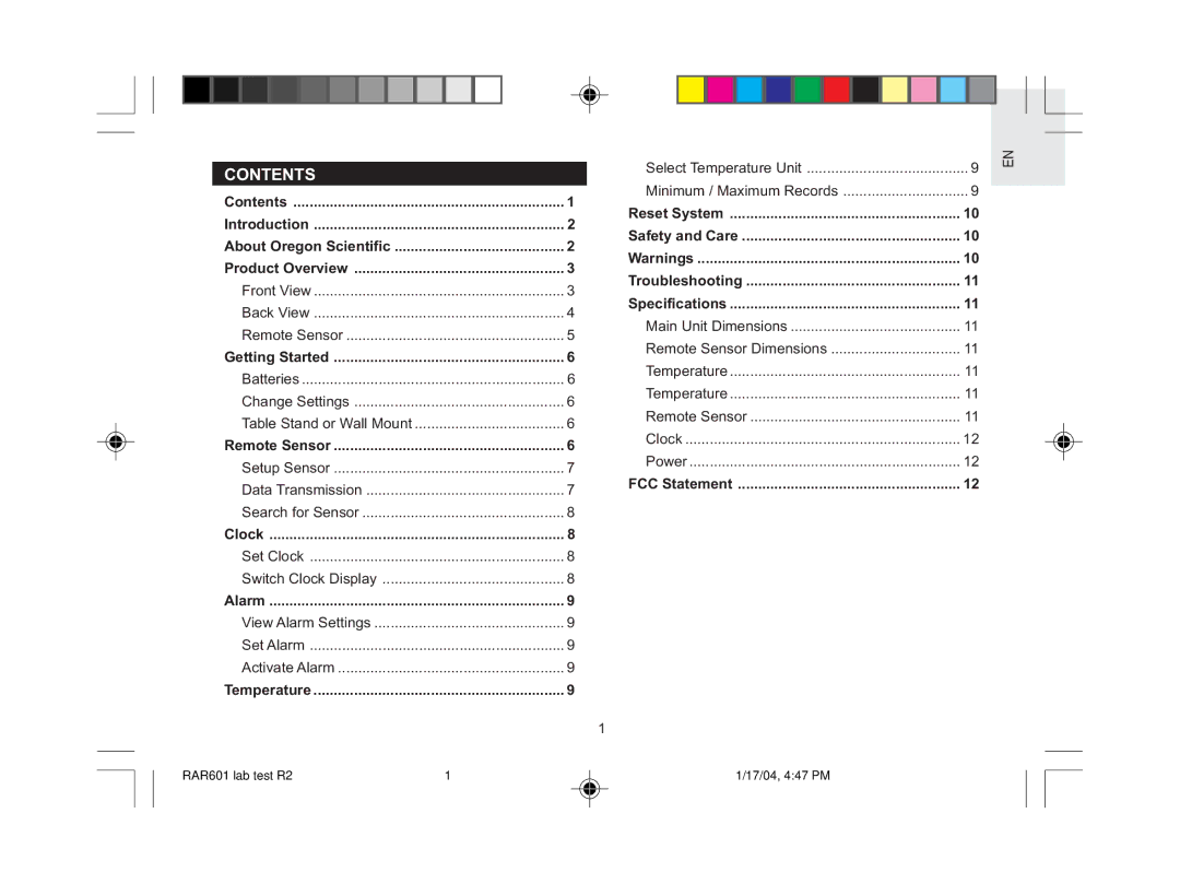 Oregon Scientific RAR601 user manual Contents 