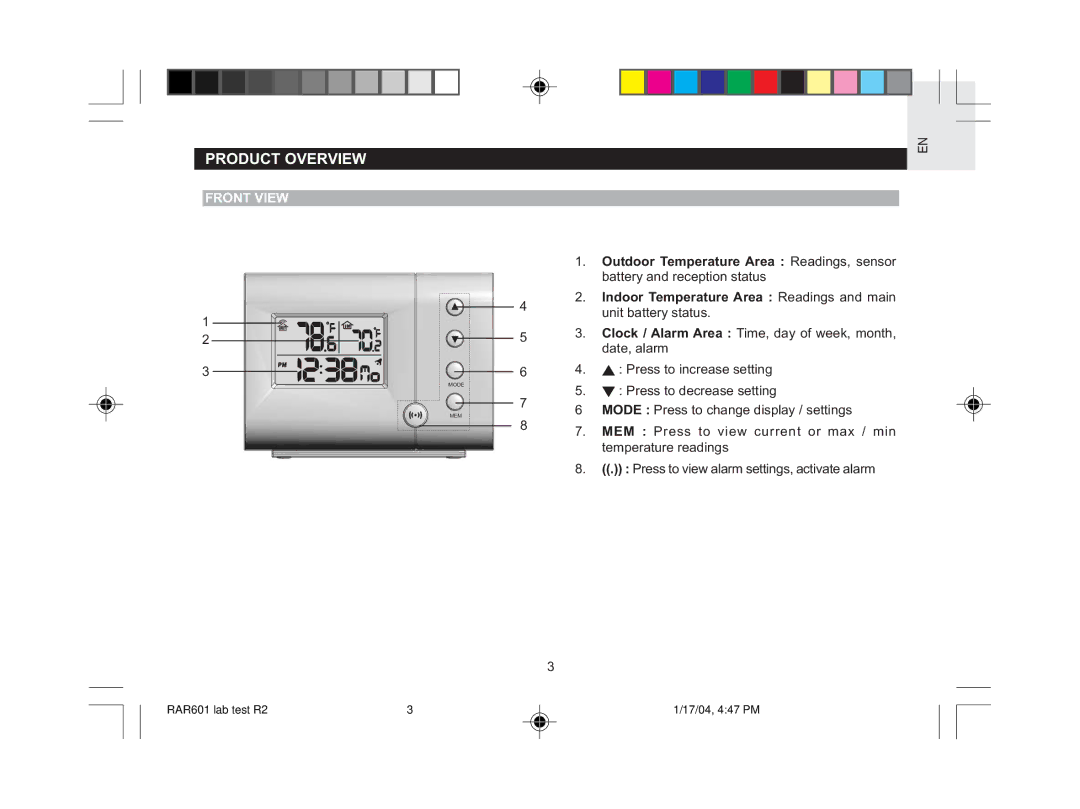 Oregon Scientific RAR601 user manual Product Overview, Front View 