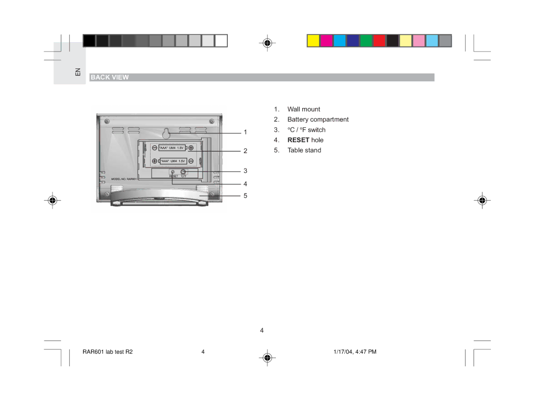 Oregon Scientific RAR601 user manual Back View 