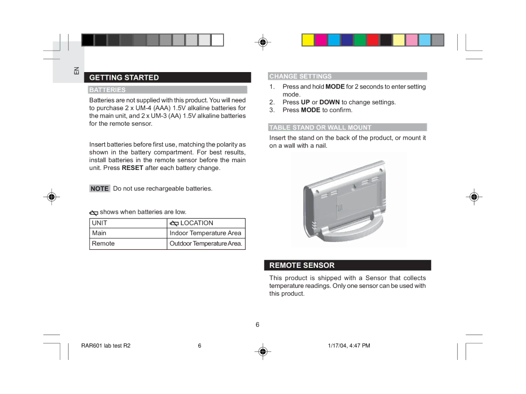 Oregon Scientific RAR601 user manual Getting Started, Remote Sensor, Batteries, Change Settings, Table Stand or Wall Mount 