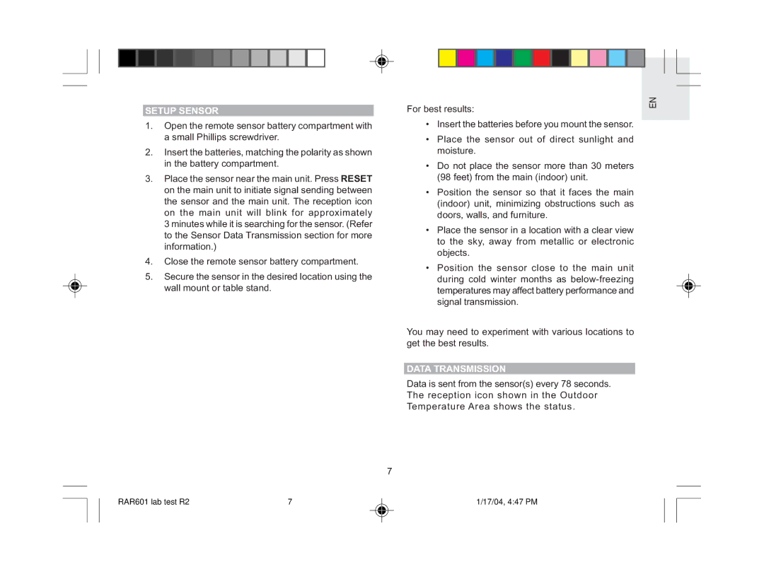 Oregon Scientific RAR601 user manual Setup Sensor, Data Transmission 