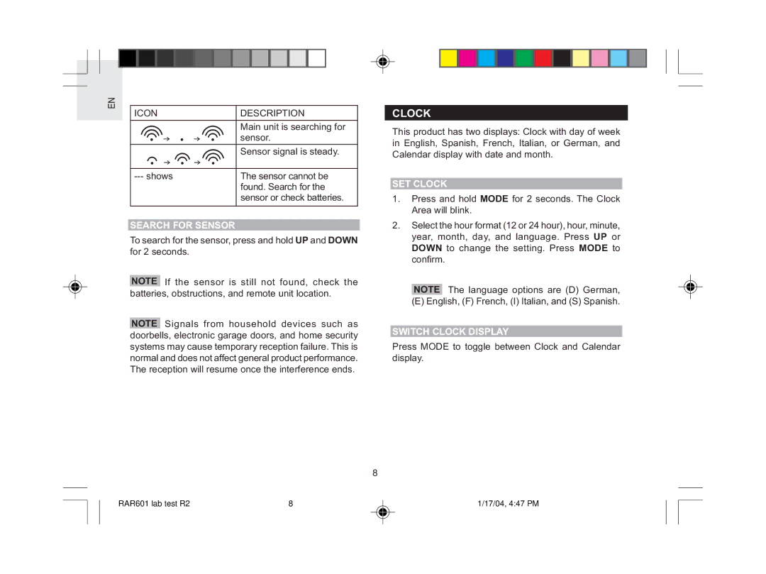 Oregon Scientific RAR601 user manual Search for Sensor, SET Clock, Switch Clock Display 