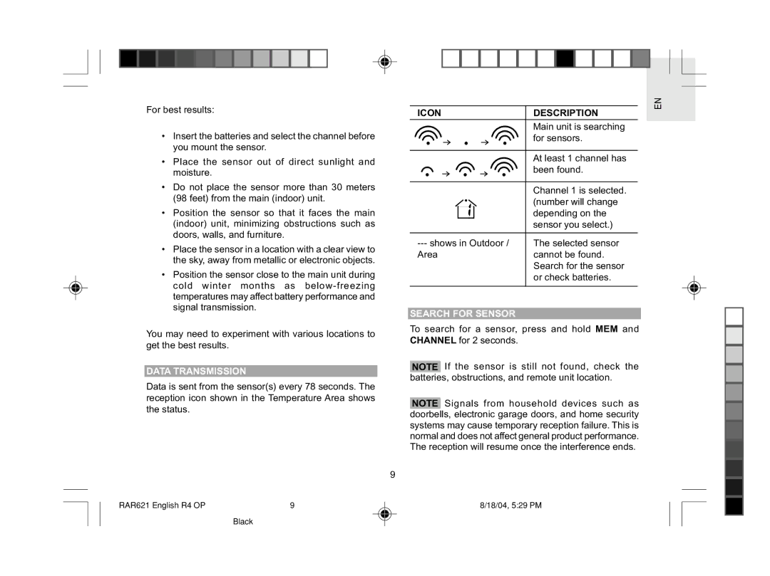 Oregon Scientific RAR621 user manual Data Transmission, Icon Description, Search for Sensor 