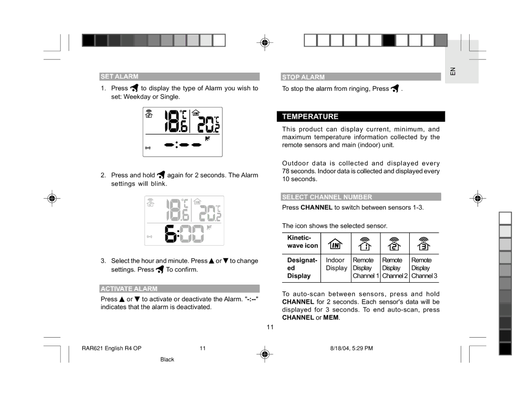 Oregon Scientific RAR621 user manual Temperature, SET Alarm Stop Alarm, Activate Alarm, Select Channel Number 