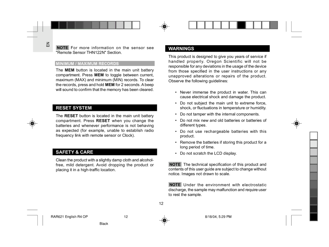 Oregon Scientific RAR621 user manual Reset System, Safety & Care, Minimum / Maximum Records 