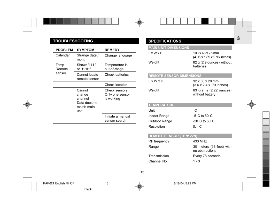 Oregon Scientific RAR621 Troubleshooting, Specifications, Main Unit Dimensions, Remote Sensor Dimensions, Temperature 