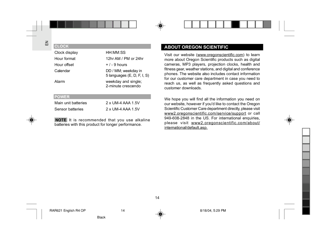 Oregon Scientific RAR621 user manual About Oregon Scientific, Clock, Power 