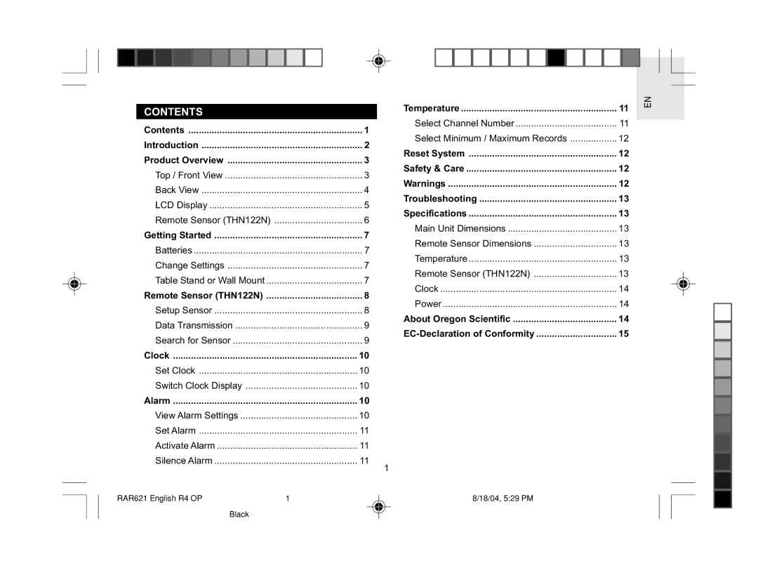 Oregon Scientific RAR621 user manual Contents 