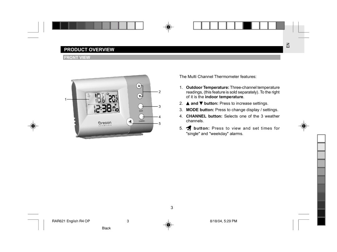 Oregon Scientific RAR621 user manual Product Overview, Front View 