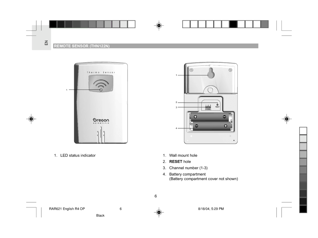 Oregon Scientific RAR621 user manual Remote Sensor THN122N, Reset hole 