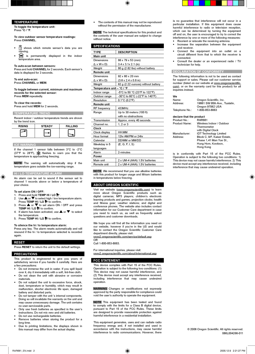 Oregon Scientific RAR681 Temperature Trend, ICE Warning, HI / LO Temperature Alarm, Reset, Precautions, Specifications 