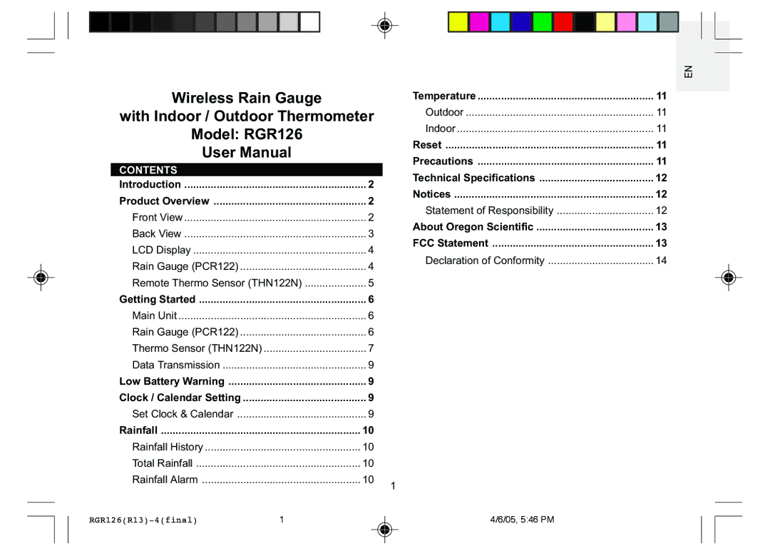 Oregon Scientific RGR126 user manual Contents 