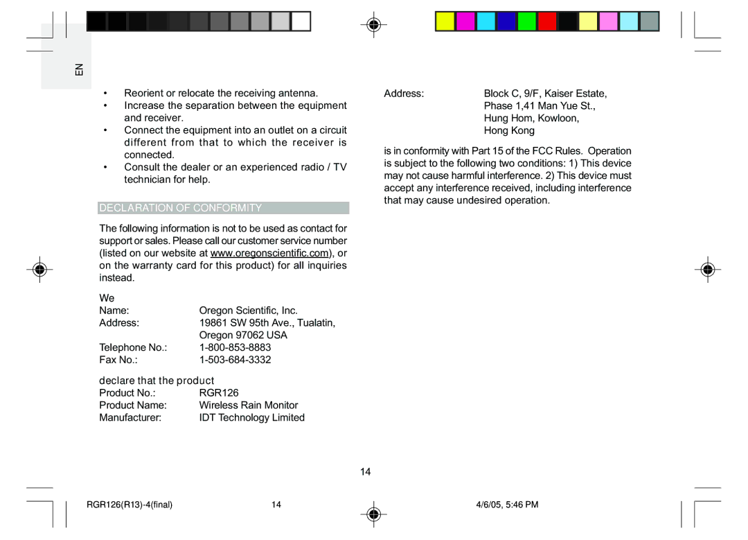 Oregon Scientific RGR126 user manual Declaration of Conformity, Declare that the product 