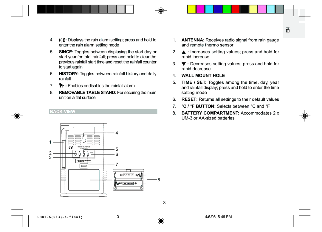 Oregon Scientific RGR126 user manual Back View, Wall Mount Hole 