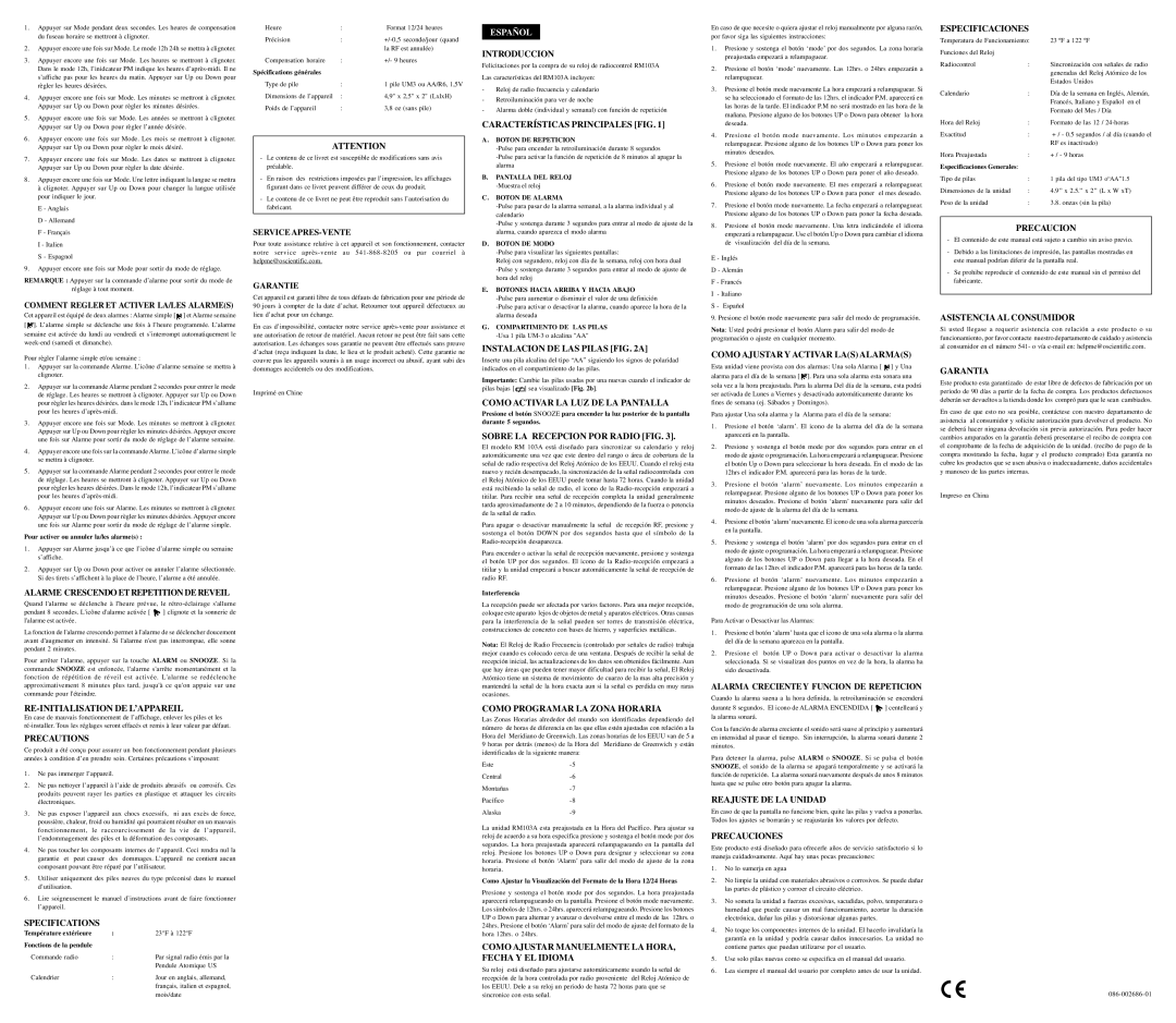 Oregon Scientific RM103A Re-Initialisation De L’Appareil, Precautions, Introduccion, Características Principales FIG 