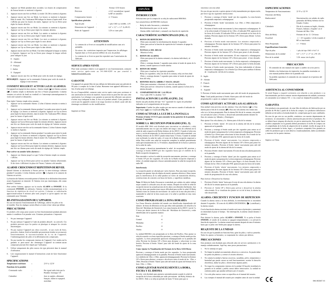 Oregon Scientific RM106A Re-Initialisation De L’Appareil, Precautions, Introduccion, Características Principales FIG 