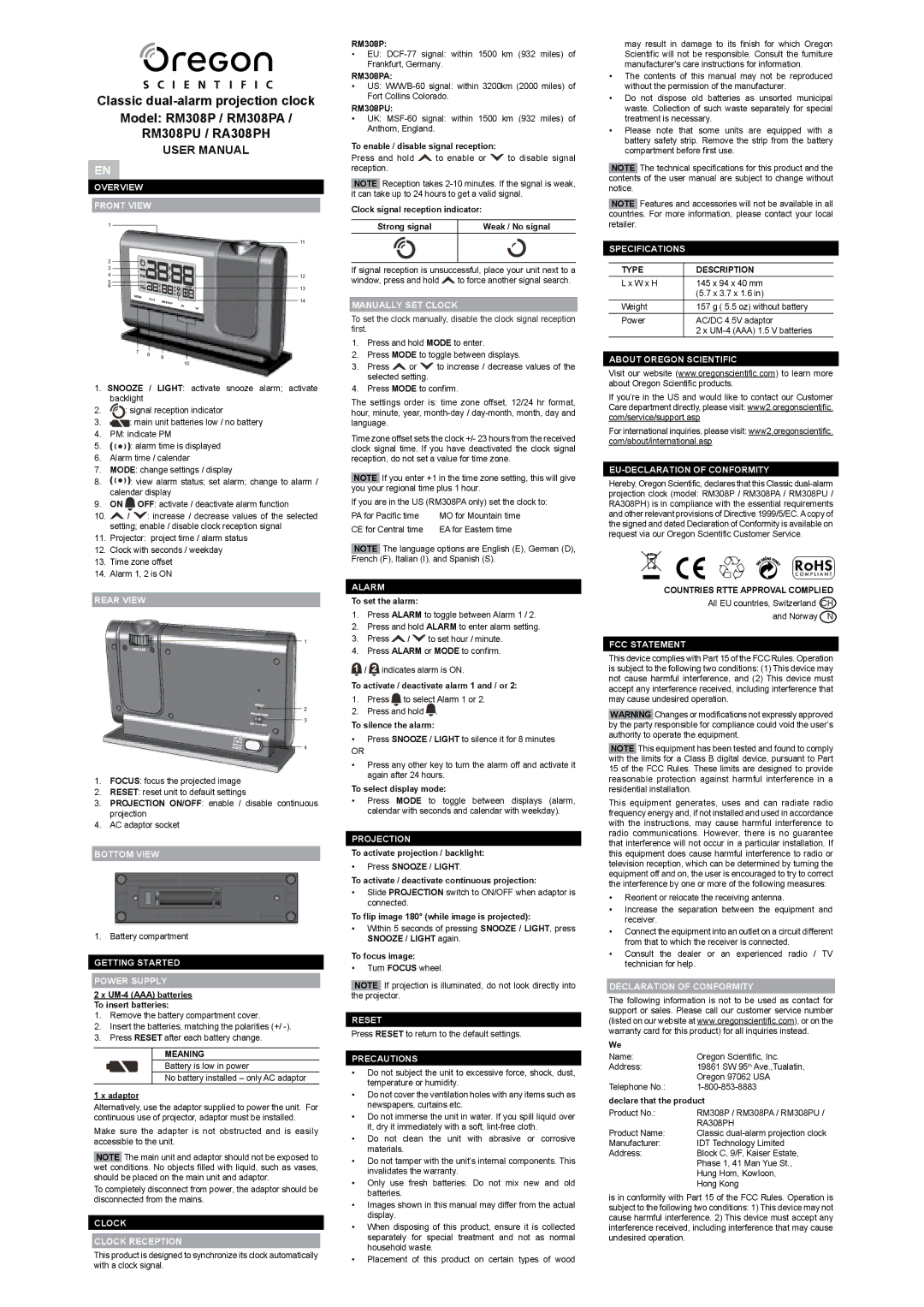 Oregon Scientific RM308P user manual Overview Front View, Rear View, Bottom View, Getting Started Power Supply, Alarm 