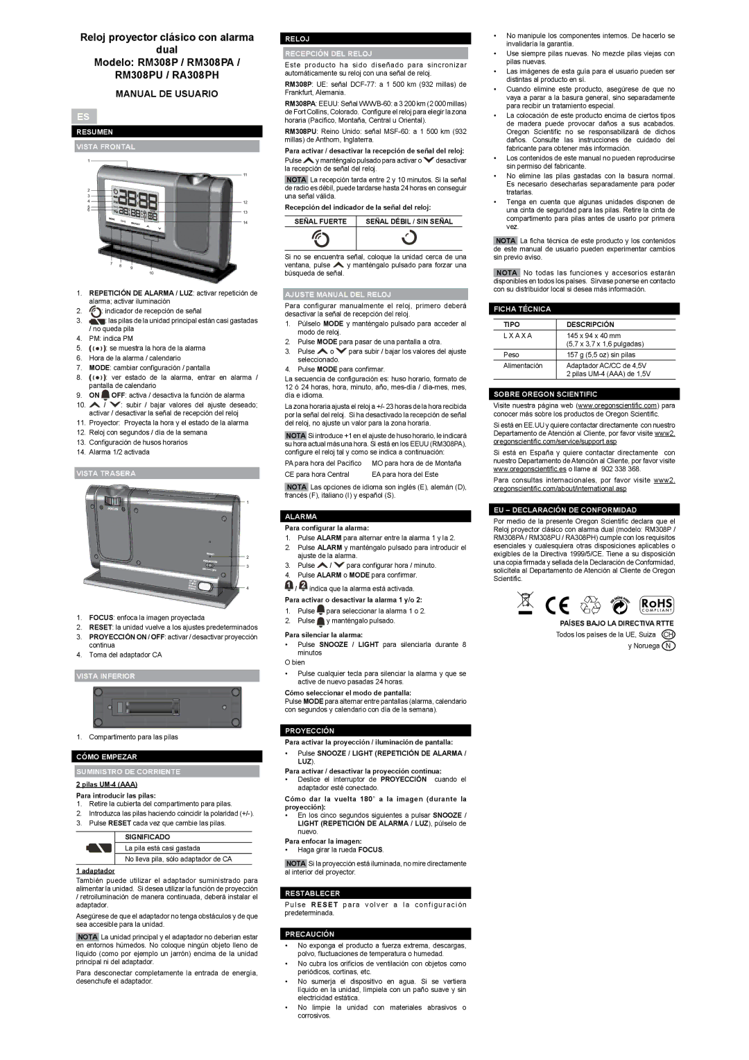 Oregon Scientific RA308PH, RM308PU, RM308PA user manual Manual DE Usuario 