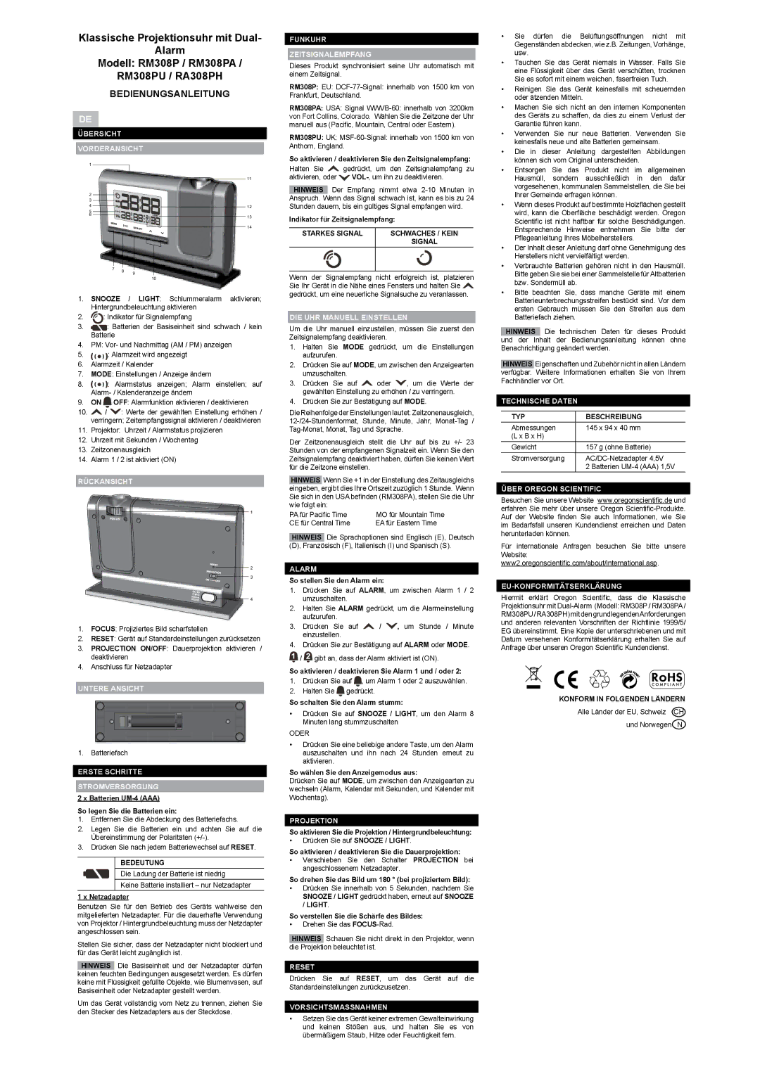 Oregon Scientific RM308PA, RM308PU, RA308PH user manual Bedienungsanleitung 