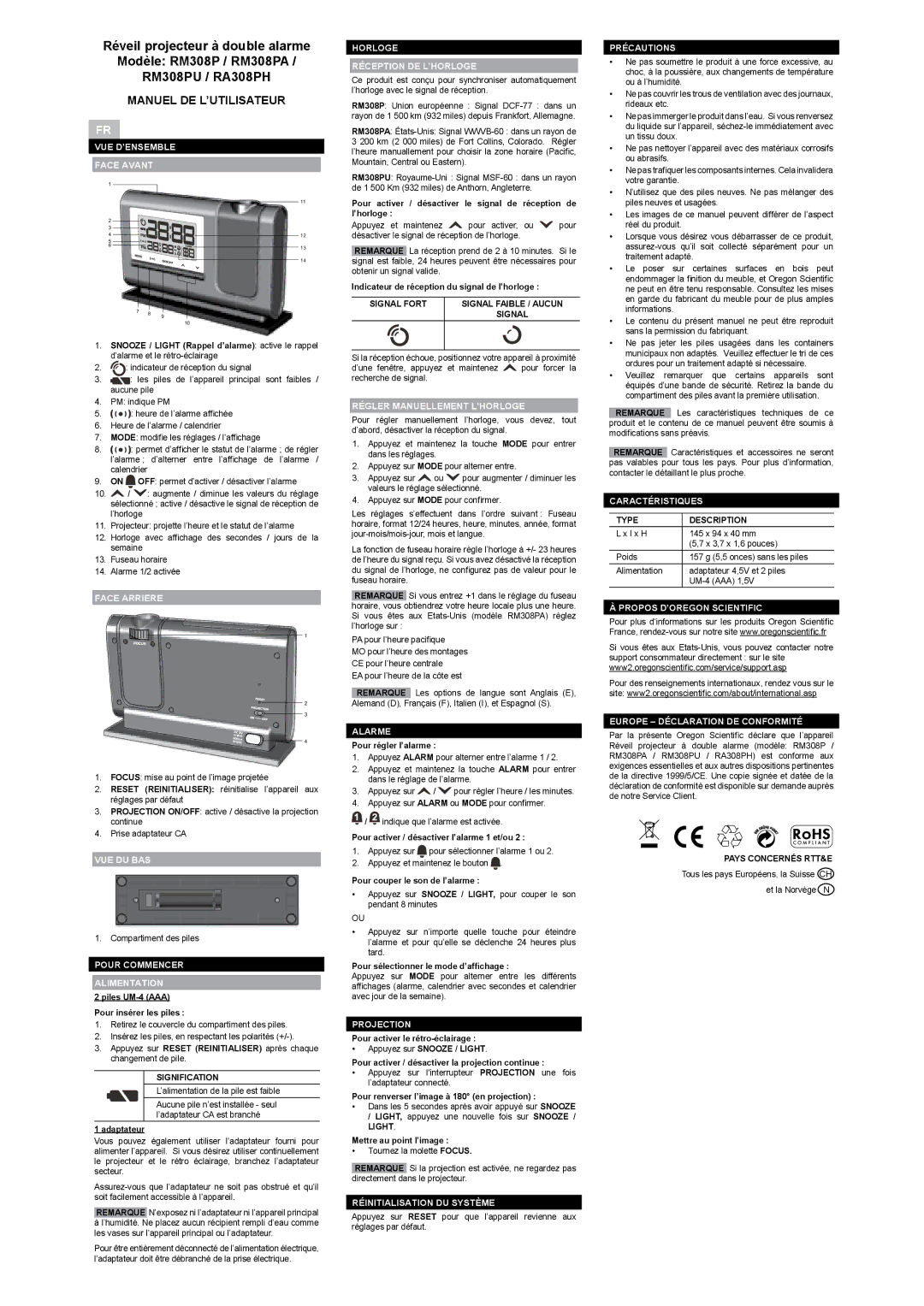 Oregon Scientific RM308PU, RA308PH, RM308PA user manual Manuel DE L’UTILISATEUR 