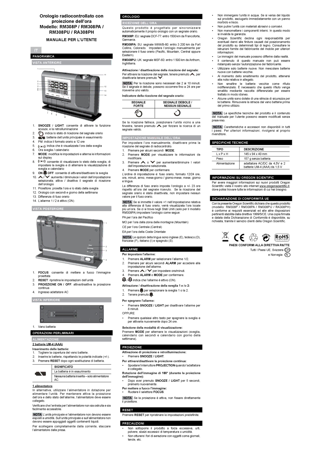 Oregon Scientific RM308PU, RA308PH, RM308PA user manual Manuale PER L’UTENTE 