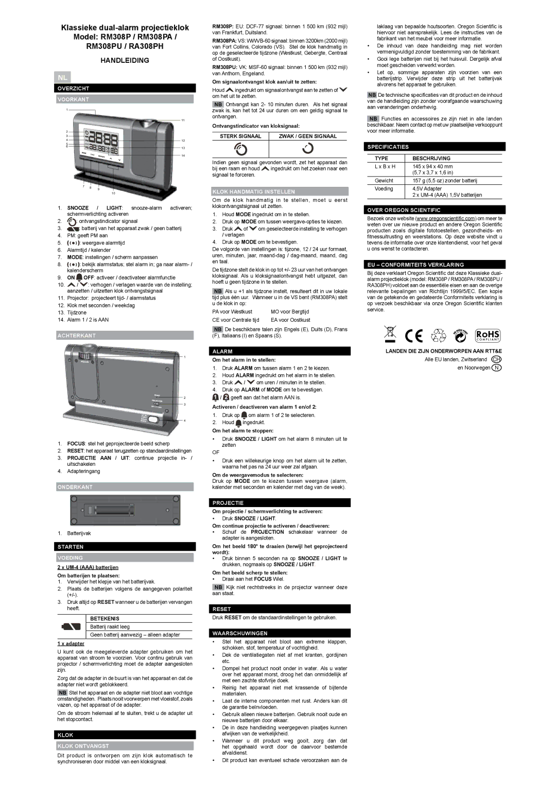 Oregon Scientific RA308PH, RM308PU, RM308PA user manual Handleiding 