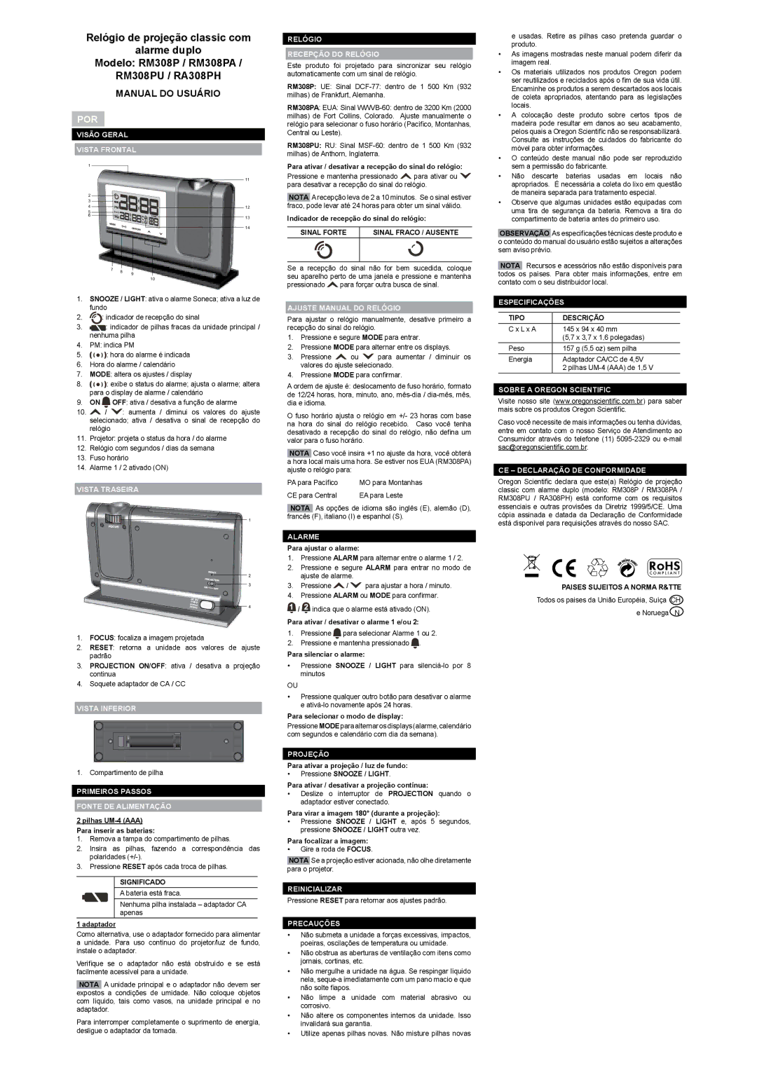 Oregon Scientific RM308PA, RM308PU, RA308PH user manual Manual do Usuário, Por 