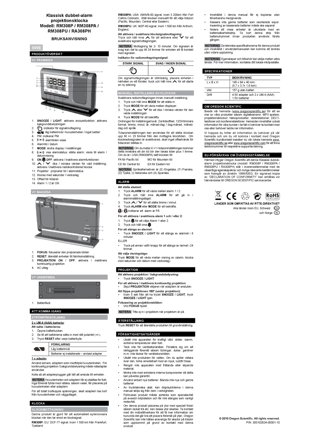 Oregon Scientific RM308PU, RA308PH, RM308PA user manual Bruksanvisning, Swe 