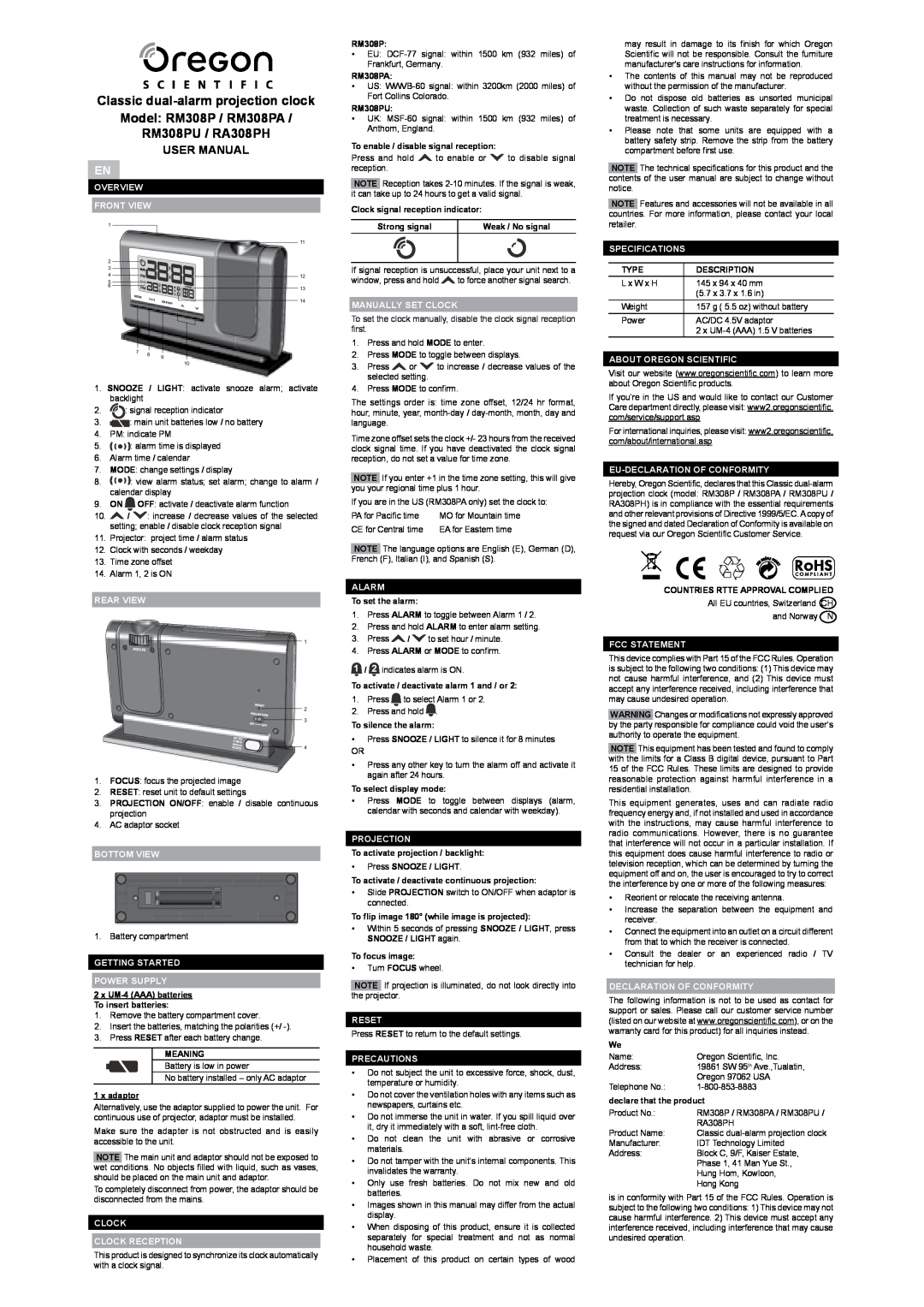 Oregon Scientific user manual Classic dual-alarm projection clock Model RM308P / RM308PA, RM308PU / RA308PH 