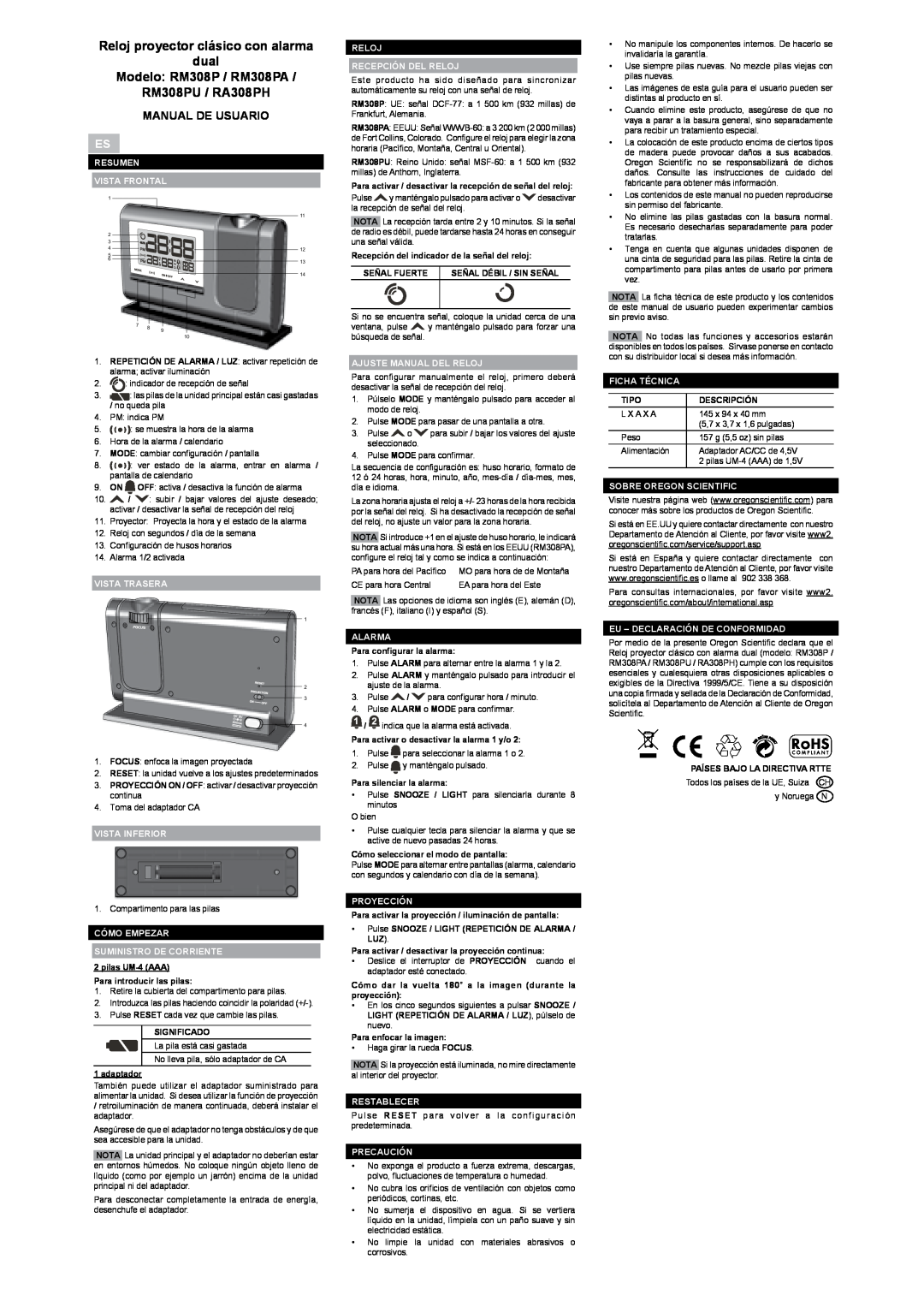 Oregon Scientific RA308PH, RM308PU Reloj proyector clásico con alarma dual Modelo RM308P / RM308PA, Manual De Usuario 