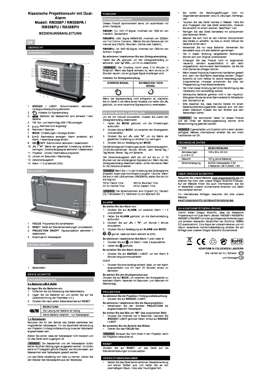Oregon Scientific RM308PU Klassische Projektionsuhr mit Dual Alarm Modell RM308P / RM308PA, Bedienungsanleitung 