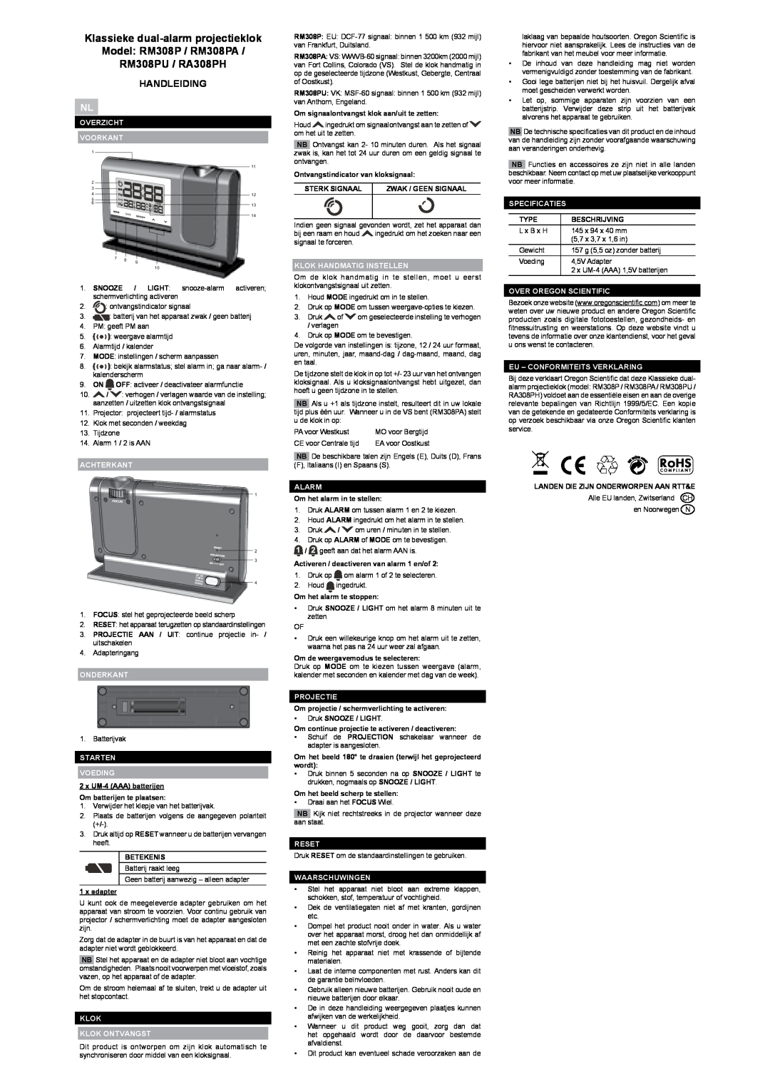 Oregon Scientific user manual Klassieke dual-alarm projectieklok Model RM308P / RM308PA, Handleiding, RM308PU / RA308PH 
