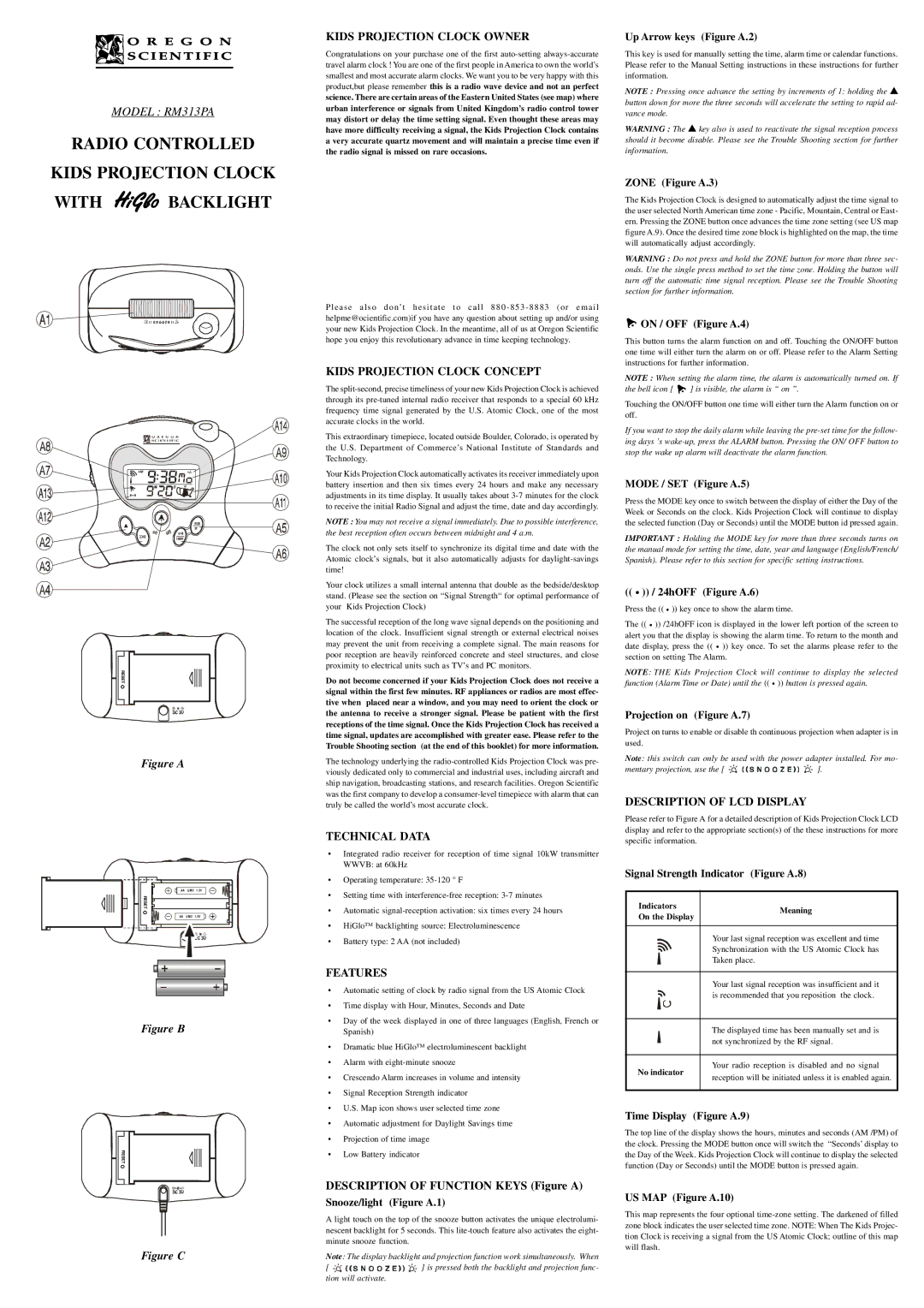 Oregon Scientific RM313PA manual Kids Projection Clock Owner, Kids Projection Clock Concept, Technical Data, Features 