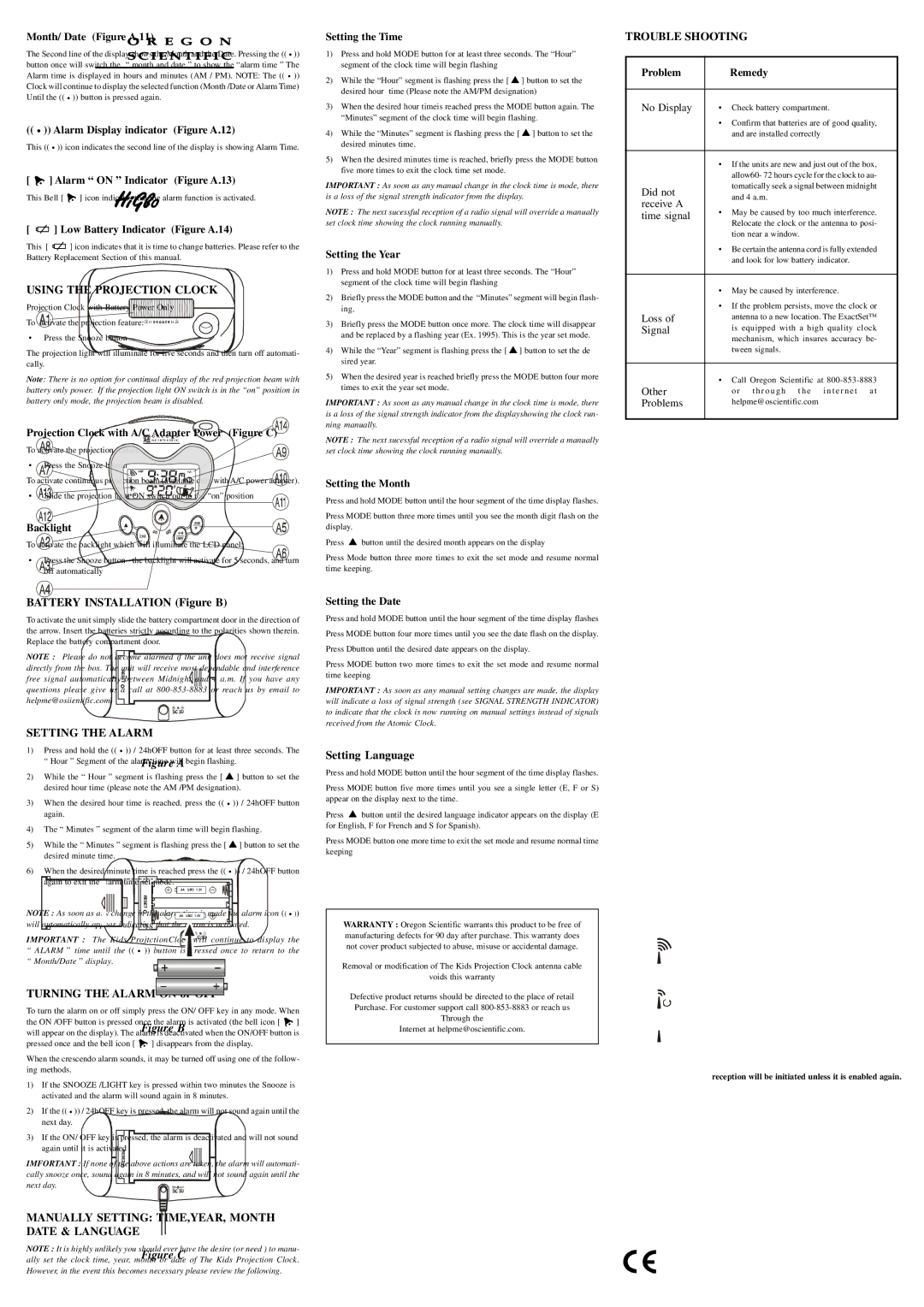 Oregon Scientific RM313PA manual Using the Projection Clock, Trouble Shooting, Setting the Alarm 