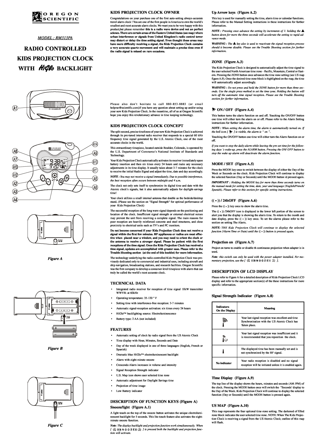 Oregon Scientific RM313PA manual Kids Projection Clock Owner, Kids Projection Clock Concept, Technical Data, Features 