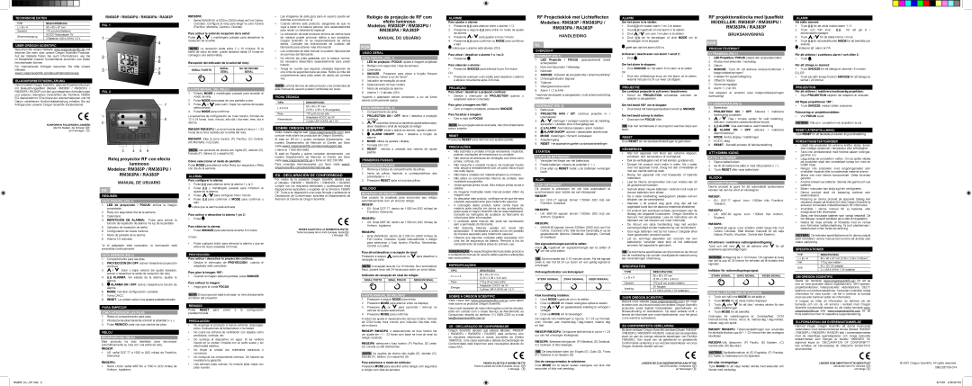 Oregon Scientific RM383P / RM383PU / RM383PA / RA383P Reloj proyector RF con efecto luminoso Modelos RM383P / RM383PU 