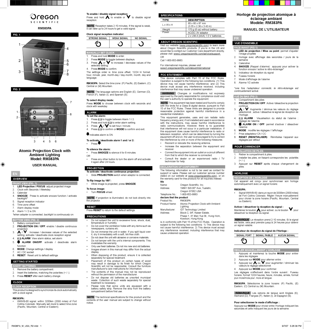 Oregon Scientific RM383PA user manual Overview Front View FIG, Bottom View FIG, Getting Started Insert Batteries, Alarm 