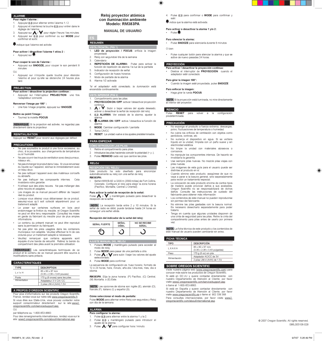 Oregon Scientific RM383PA Alarme, Reinitialisation, Caracteristiques, Propos D’OREGON Scientific, Vista Inferior FIG 