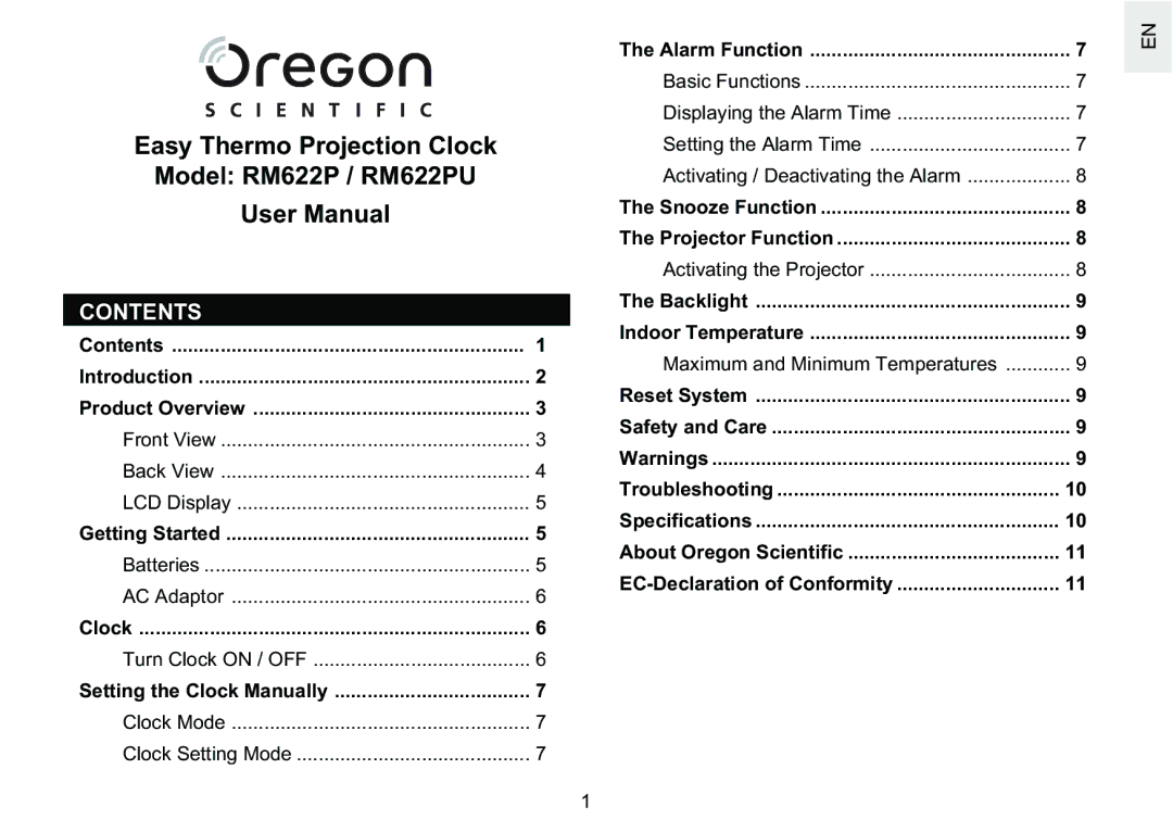 Oregon Scientific user manual Easy Thermo Projection Clock Model RM622P / RM622PU, Contents 