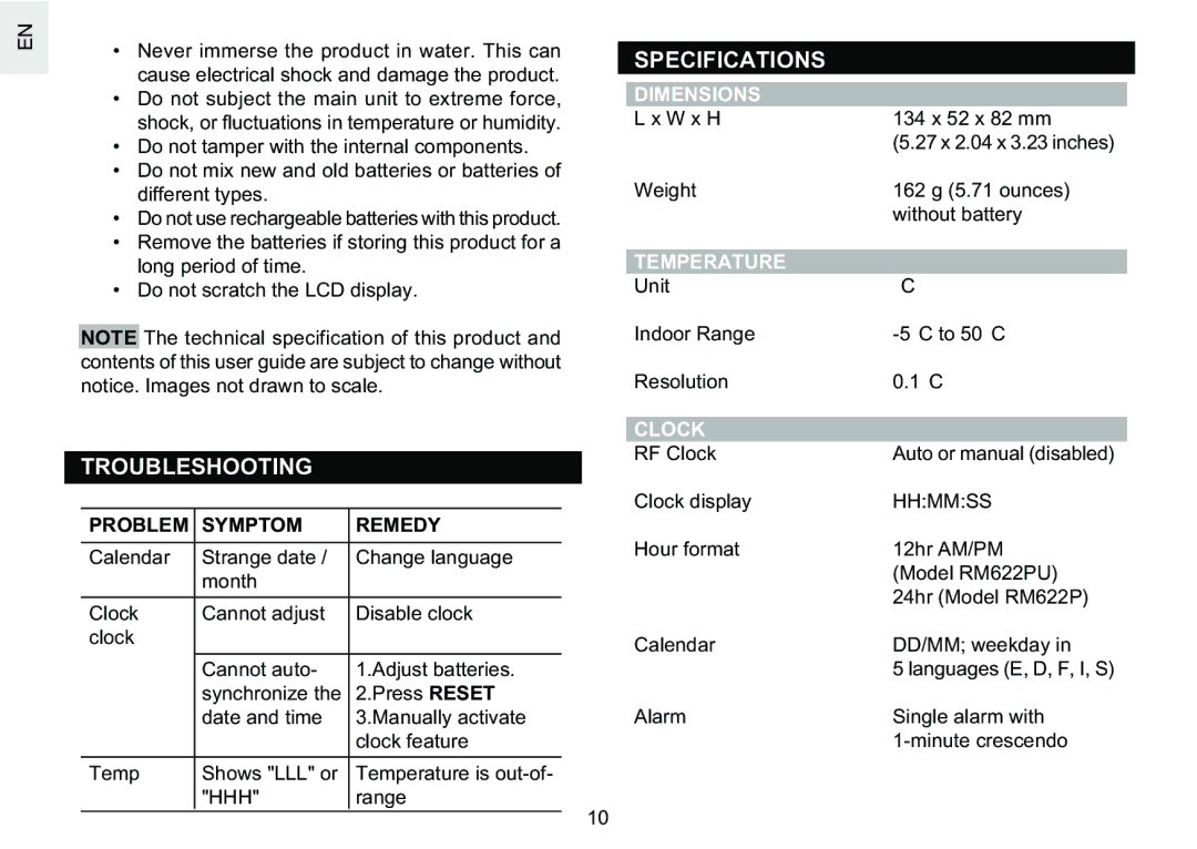 Oregon Scientific RM622PU user manual Troubleshooting, Specifications, Dimensions, Temperature, Clock 