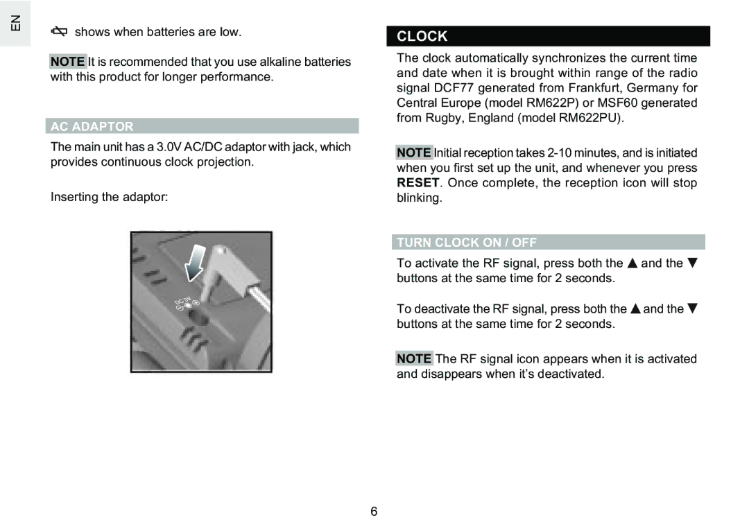 Oregon Scientific RM622PU user manual AC Adaptor, Turn Clock on / OFF 