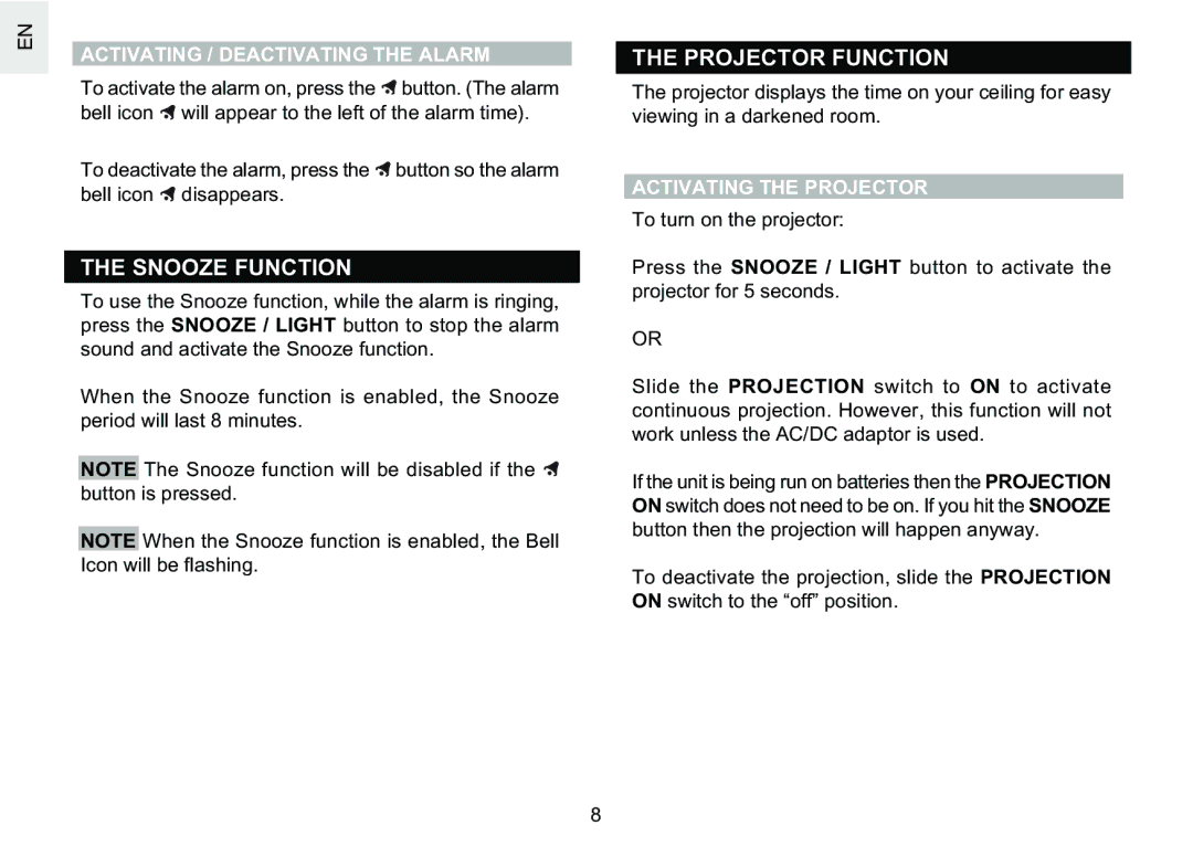 Oregon Scientific RM622PU user manual Snooze Function, Projector Function, Activating / Deactivating the Alarm 