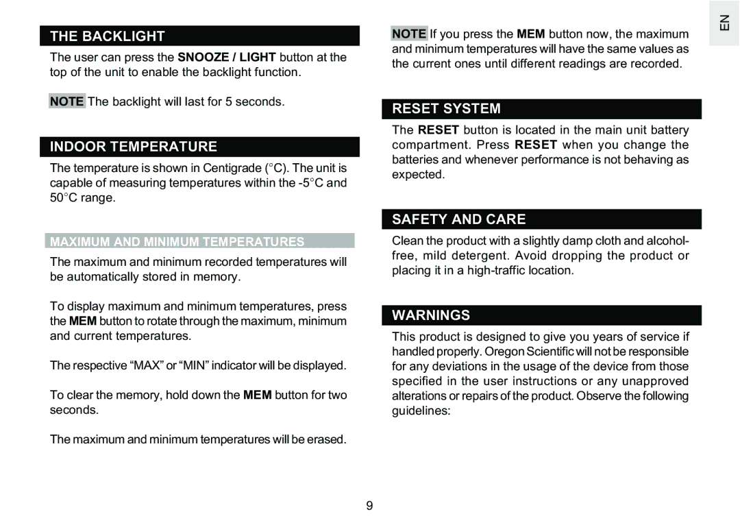 Oregon Scientific RM622PU Backlight, Indoor Temperature, Reset System, Safety and Care, Maximum and Minimum Temperatures 