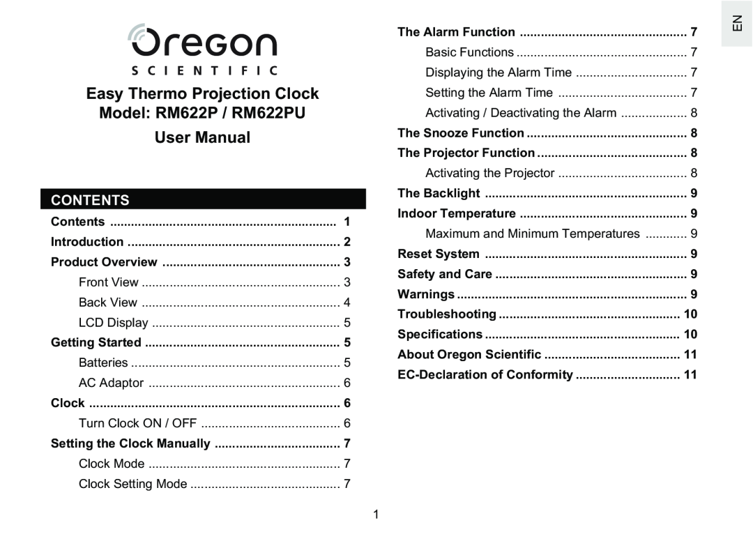 Oregon Scientific user manual Contents, Displaying the Alarm Time, Setting the Alarm Time, Model RM622P / RM622PU 
