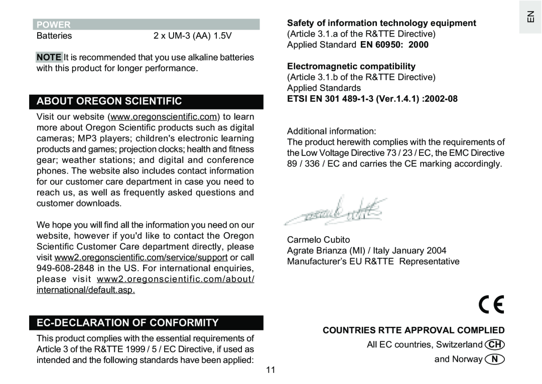 Oregon Scientific RM622PU About Oregon Scientific, Ec-Declaration Of Conformity, Power, ETSI EN 301 489-1-3 Ver.1.4.1 