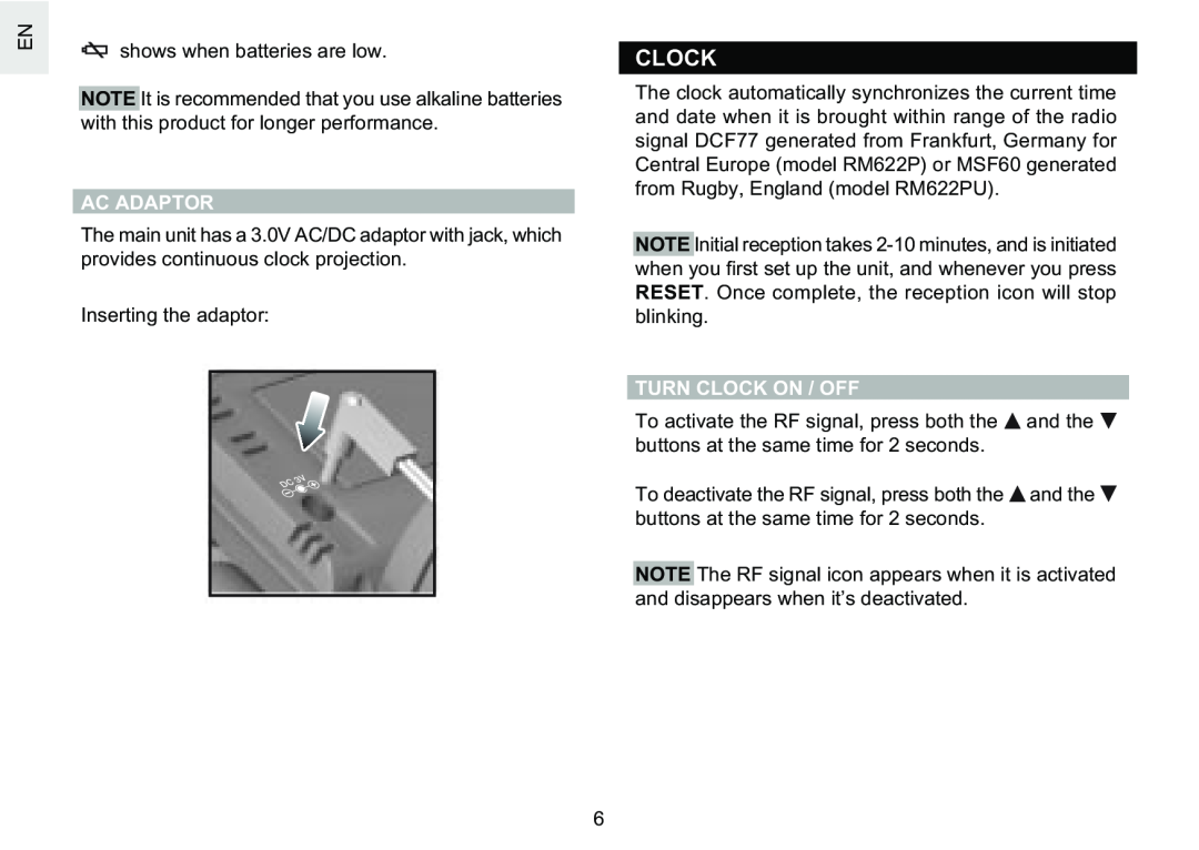Oregon Scientific RM622PU user manual Ac Adaptor, Turn Clock On / Off 