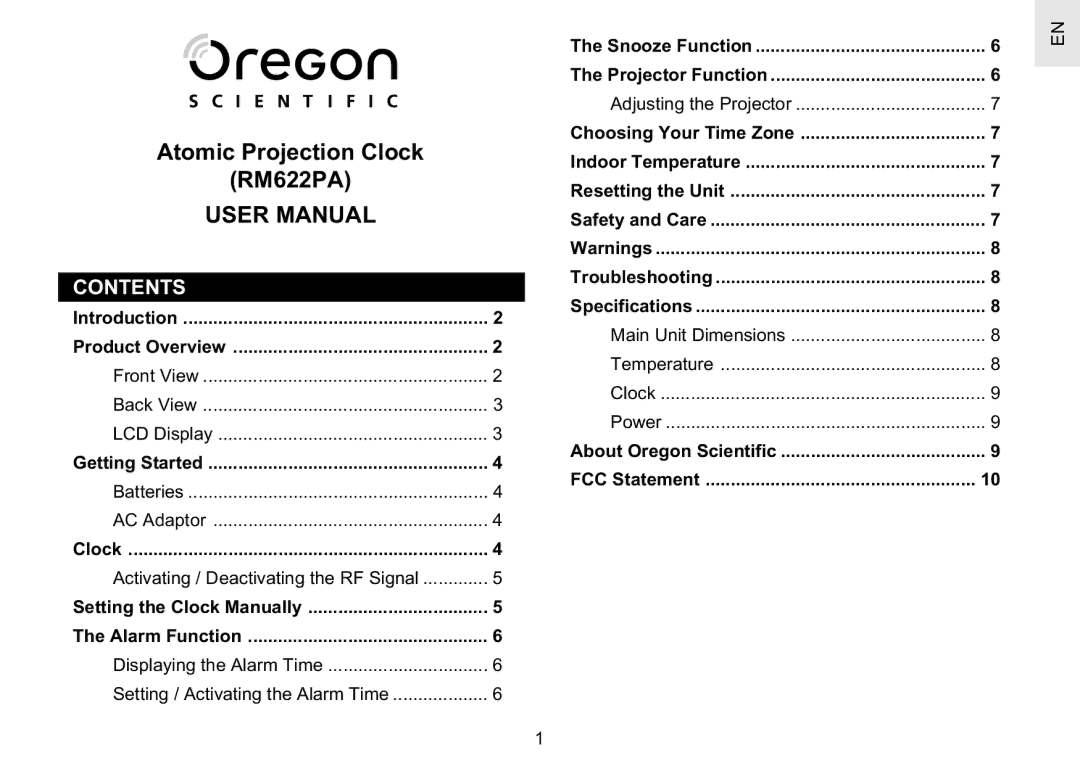 Oregon Scientific user manual Atomic Projection Clock RM622PA, Contents 