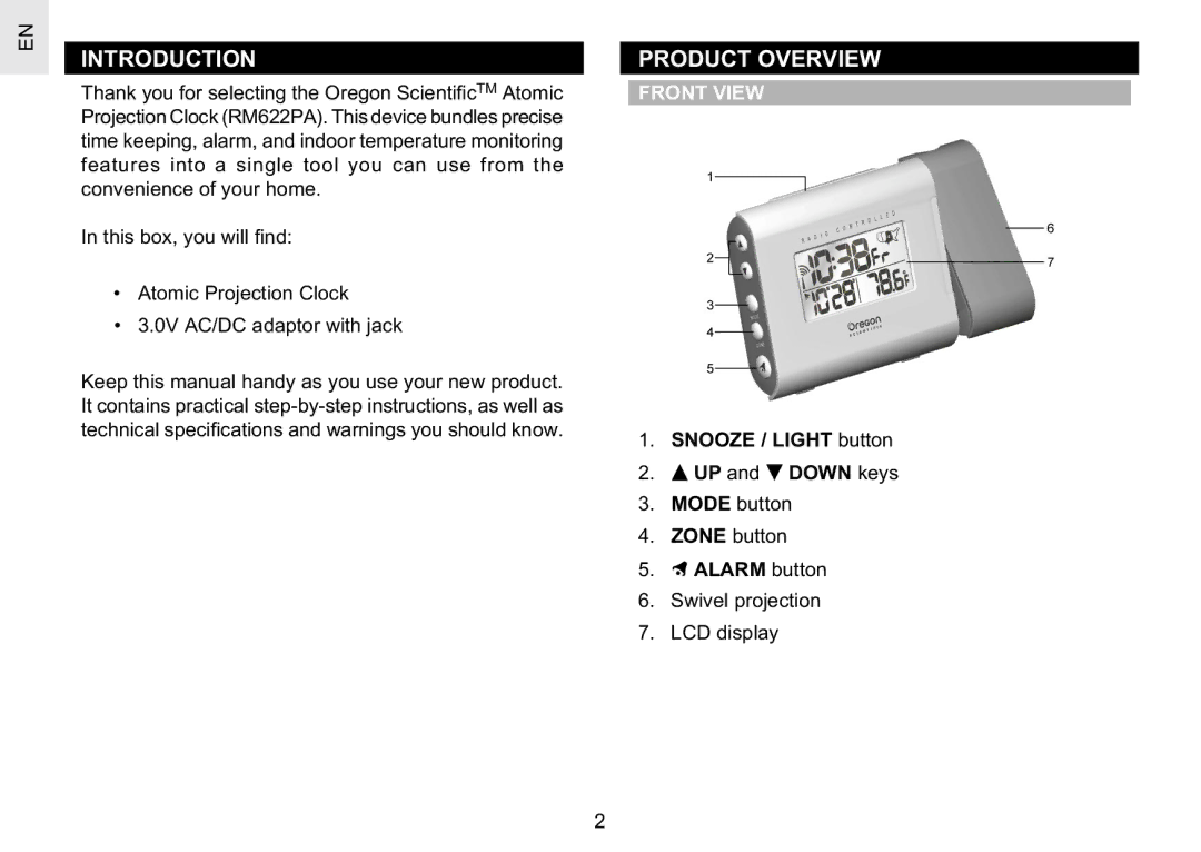 Oregon Scientific RM622PA user manual Introduction, Product Overview, Front View 