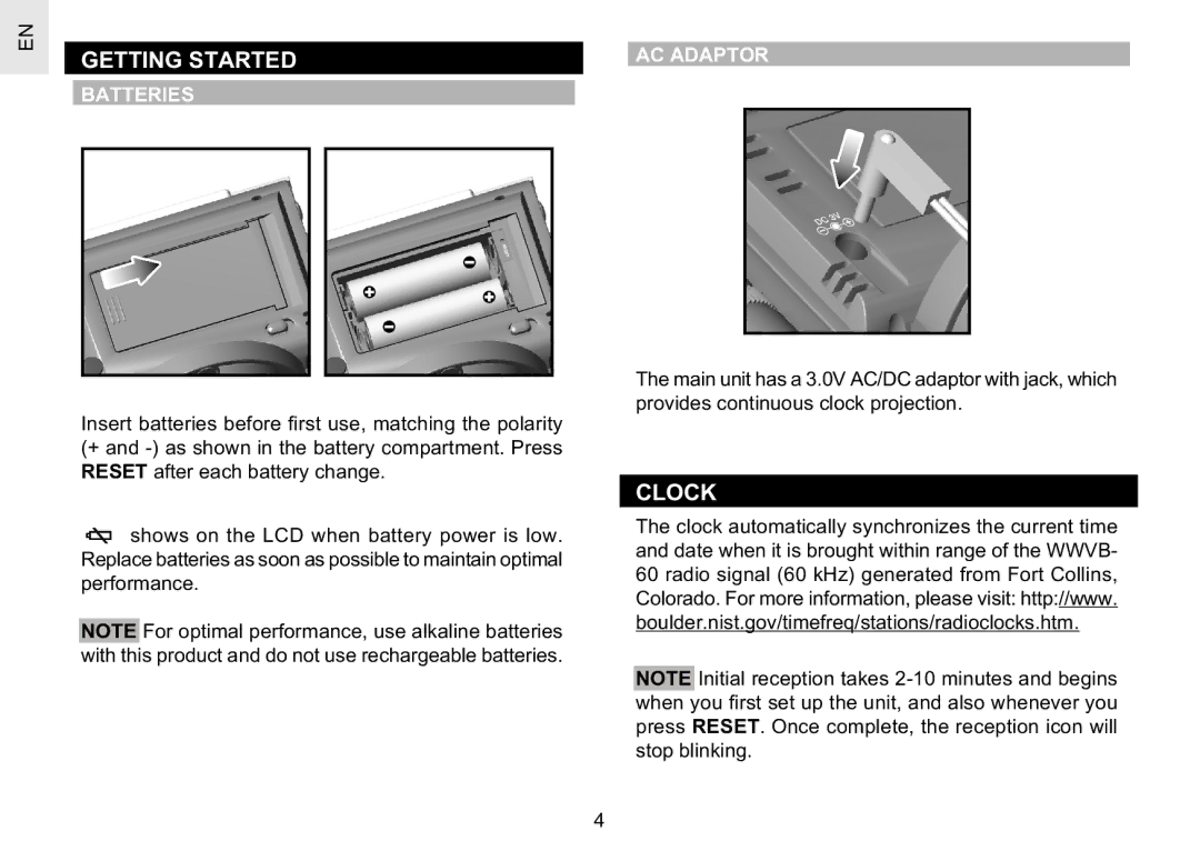 Oregon Scientific RM622PA user manual Getting Started, Clock, Batteries, AC Adaptor 